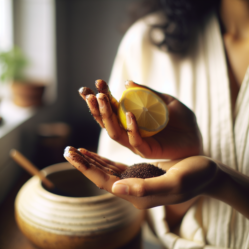 Close-up of clean, fresh hands. One hand might be gently squeezing a slice of lemon, or gesturing towards a small, decorative bowl filled with coffee grounds or a clear liquid like vinegar, subtly indicating a natural odor neutralizer. The background is a softly blurred, clean home interior (kitchen or bathroom), suggesting a recently cleaned space. The overall impression is one of relief, cleanliness, and the effective use of natural methods to eliminate unpleasant smells. Natural, soft lighting.