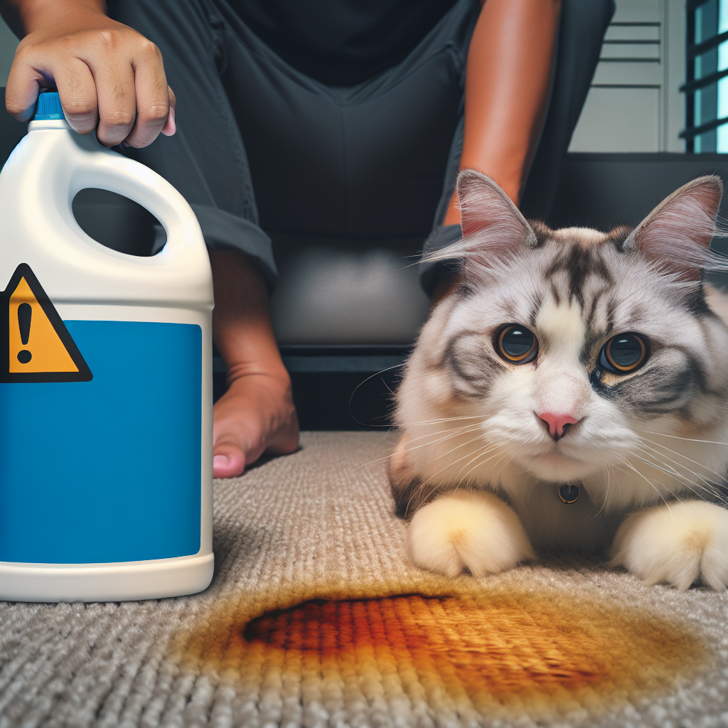 A domestic cat looking guilty or confused near a visible, slightly glowing urine stain on a carpet. In the background, a person's blurred hand holds a bottle of chlorine bleach, looking hesitant or concerned, with a faint warning symbol overlay. The scene is a realistic indoor photograph, conveying a sense of a common household problem and the wrong solution.