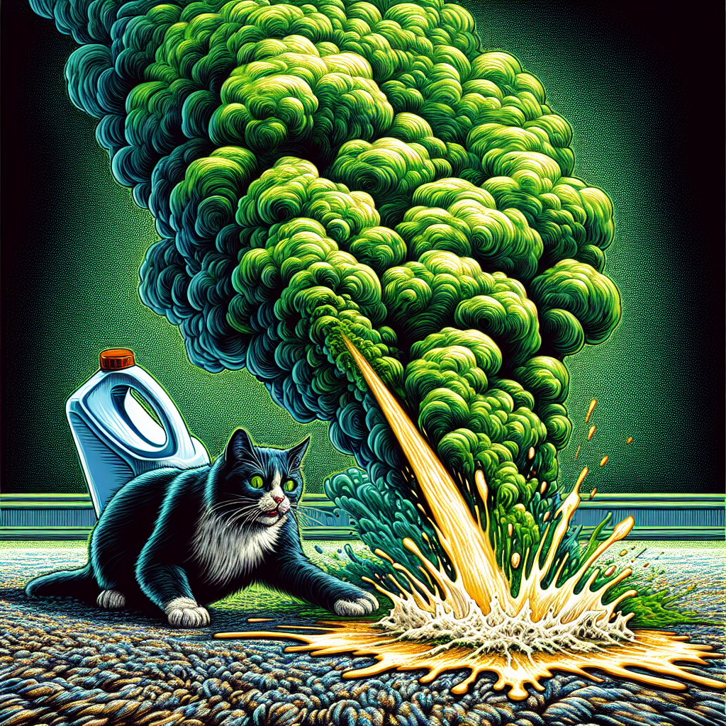 A stylized illustration showing toxic, greenish-yellow fumes rising dramatically from a dark urine stain on a textured carpet, where a splash of white bleach is reacting. The fumes form an oppressive cloud, and a cat in the foreground recoils sharply, eyes watering, perhaps coughing slightly. The overall mood is one of danger, unpleasantness, and a chemical reaction gone wrong. Digital art with a focus on color saturation and dynamic lines.