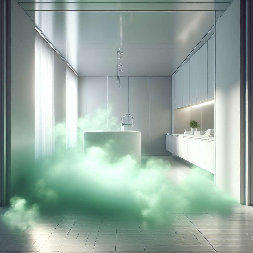 A modern, pristine bathroom or kitchen, but with an almost visible, subtle green chemical haze emanating from a freshly cleaned surface, symbolizing a strong, lingering chlorine smell. The scene conveys a sense of the odor persisting despite cleanliness. Photorealistic.