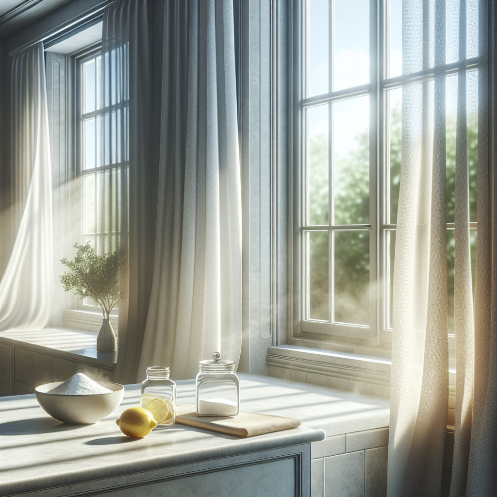A bright, airy room with wide-open windows and sheer curtains gently fluttering, allowing a fresh breeze to flow through. On a clean countertop, there are small bowls of sliced lemons and a subtle container of baking soda, representing natural odor remedies. The atmosphere is fresh, clean, and pleasant. Photorealistic, soft lighting.