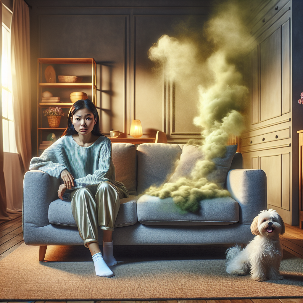 A cozy living room scene featuring a comfortable, fabric sofa. Subtle, wavy, greenish-brown vapor visually represents an unpleasant odor emanating from the couch. A person sitting on the sofa looks slightly bothered, wrinkling their nose. A small, playful dog is lying nearby, hinting at a common cause. The room has warm lighting but the focus is on the couch's unpleasant smell. Realistic photo.