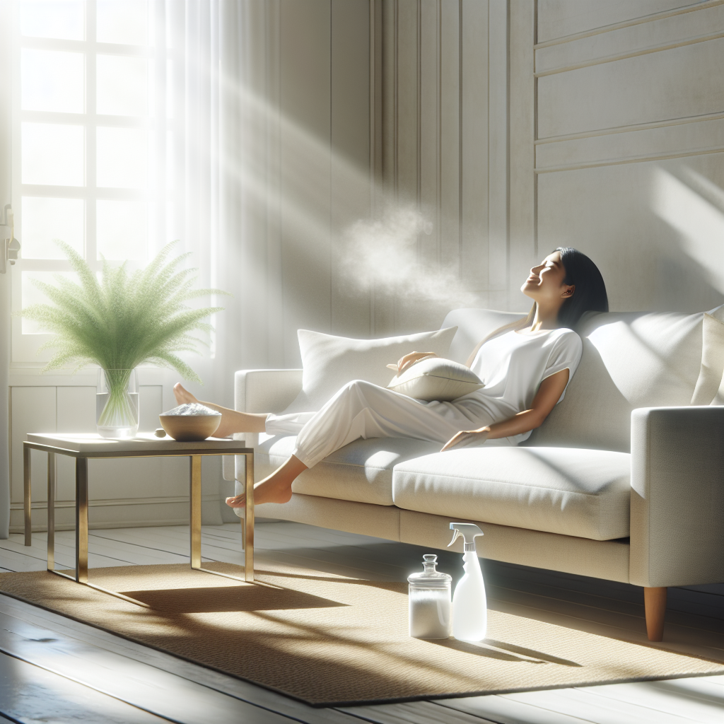 A bright and airy living room with a pristine, fresh-smelling couch. Sunlight streams through a window, illuminating the clean space. A person is relaxing comfortably on the couch, smiling contentedly and taking a deep, fresh breath. On a nearby side table, a small bowl of baking soda and a spray bottle with a clear liquid subtly hint at cleaning solutions. The overall atmosphere is clean, inviting, and fresh. Realistic photo.