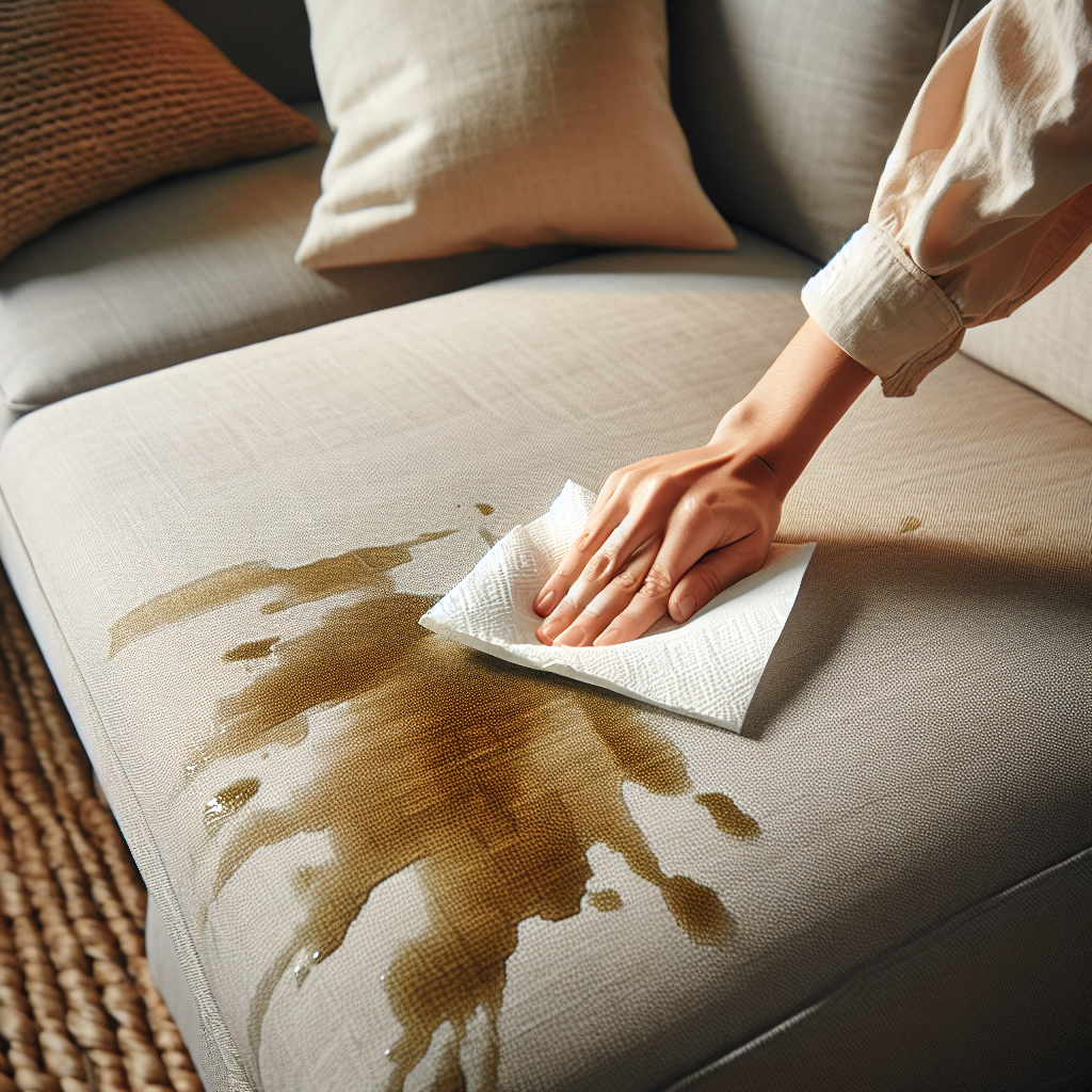 A close-up shot of a modern living room couch with a visible, wet cat urine stain. A person's hand urgently blots the stain with a white paper towel. The scene conveys a sense of immediate action and mild distress, with soft, natural lighting.