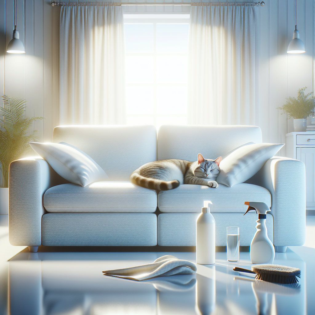 A pristine, fresh-looking modern living room couch in a bright, clean setting. Nearby, a spray bottle and a bottle of vinegar are subtly placed, hinting at natural cleaning. A content cat is peacefully curled up on the clean couch, signifying successful odor and stain removal. The atmosphere is serene and bright.