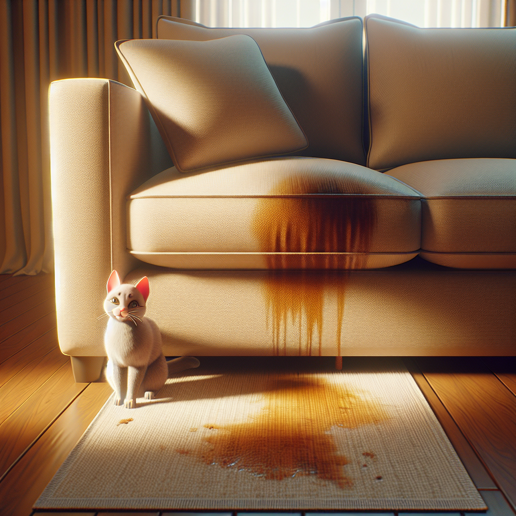 A plush living room couch with a small, slightly damp discolored patch on the cushion, implying a pet accident. A cute domestic cat is subtly positioned nearby, looking away with a hint of 'oops'. The scene evokes the start of a cleaning challenge. Realistic, warm lighting, high-quality photograph.