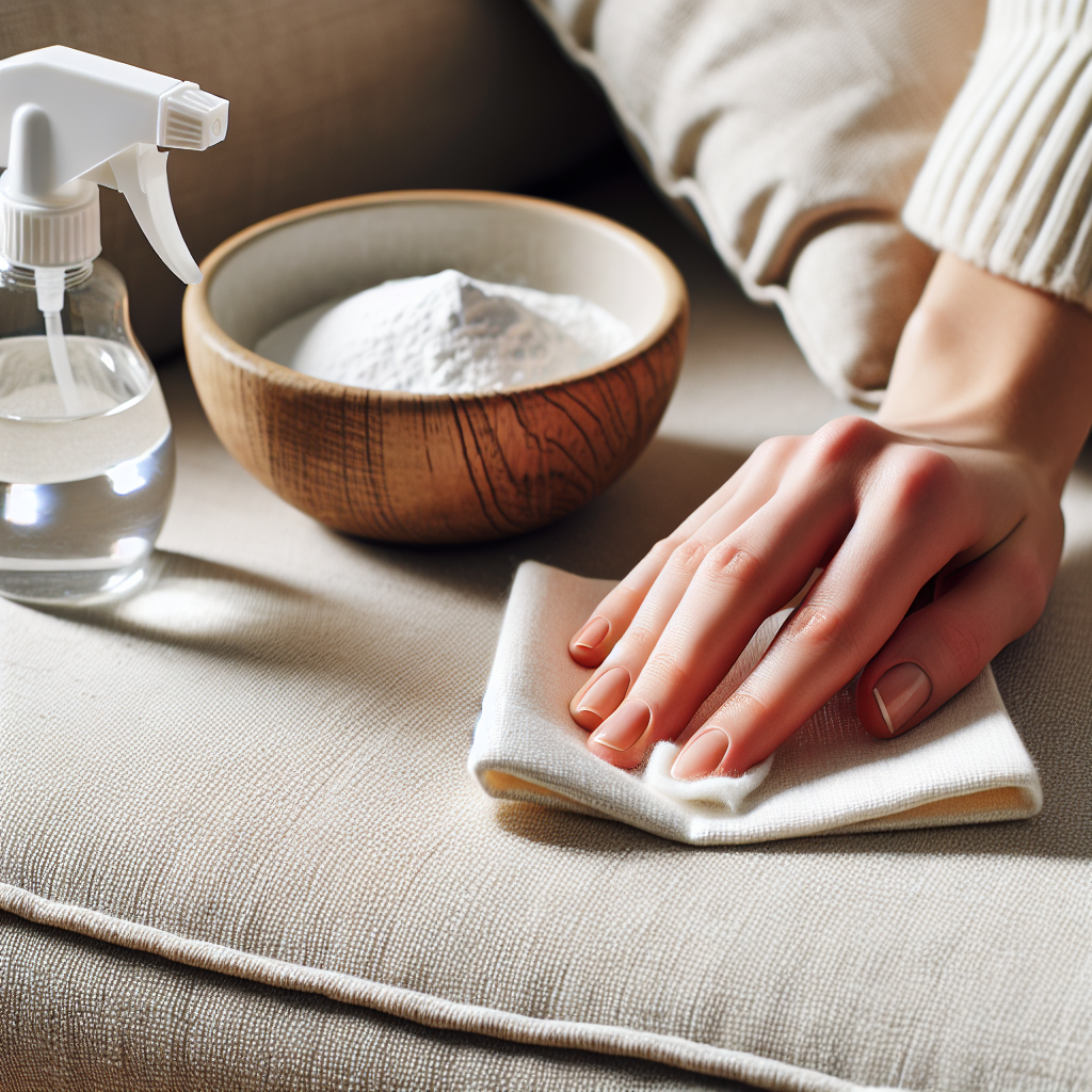 Close-up of a hand gently dabbing a couch cushion with a cleaning cloth, with a bowl of baking soda and a spray bottle (implying vinegar solution) clearly visible next to the cleaning area. The couch fabric appears clean and fresh, representing effective stain and odor removal. Bright, clean aesthetic, high-quality photograph.