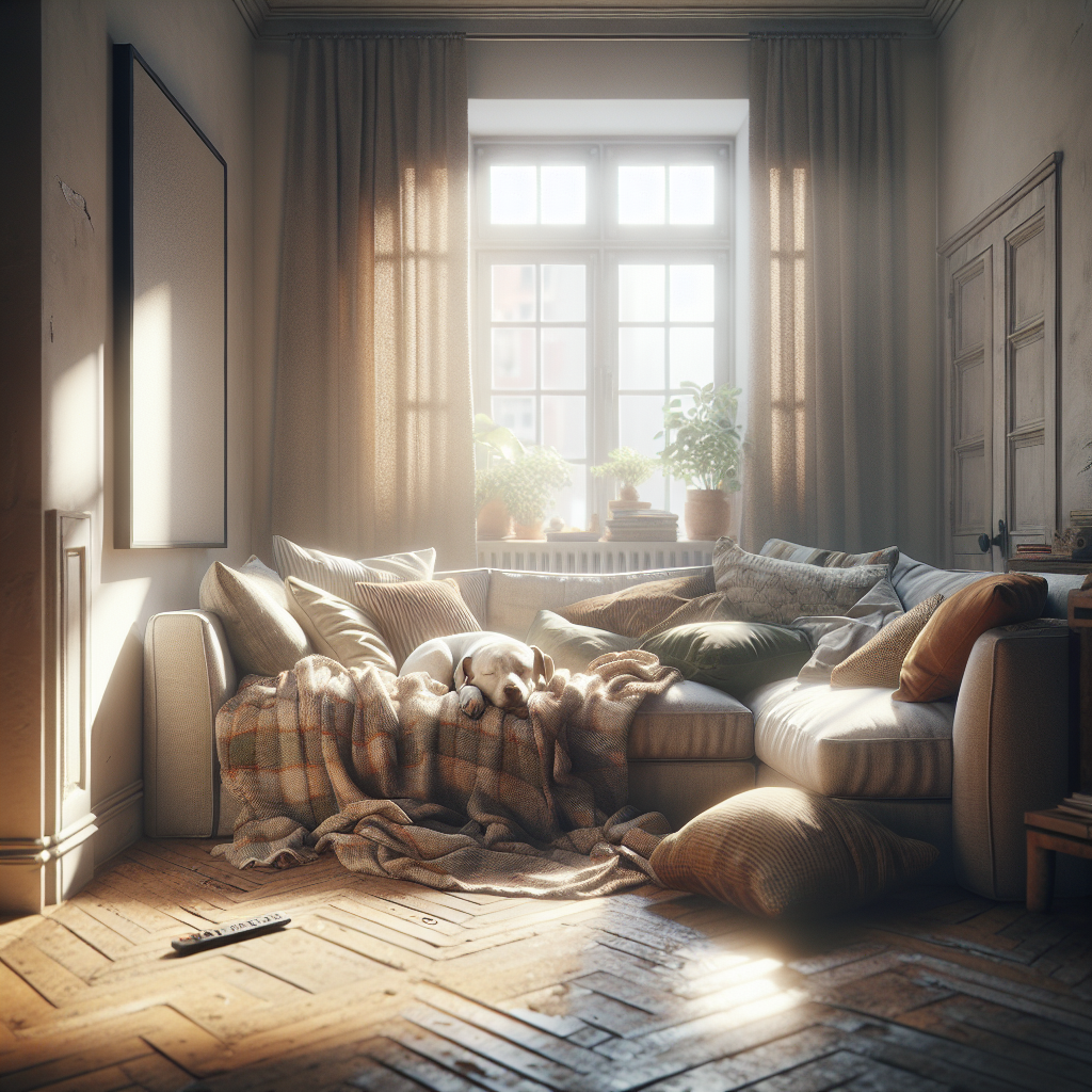 A comfortable, well-used fabric sofa in a cozy living room, illuminated by soft natural light. There's a subtle indication of everyday life, like a blanket thrown over, a remote control, and a happy dog napping on one cushion. The overall feeling should be one of a lived-in space that could benefit from refreshing. Realistic, high-quality photograph.