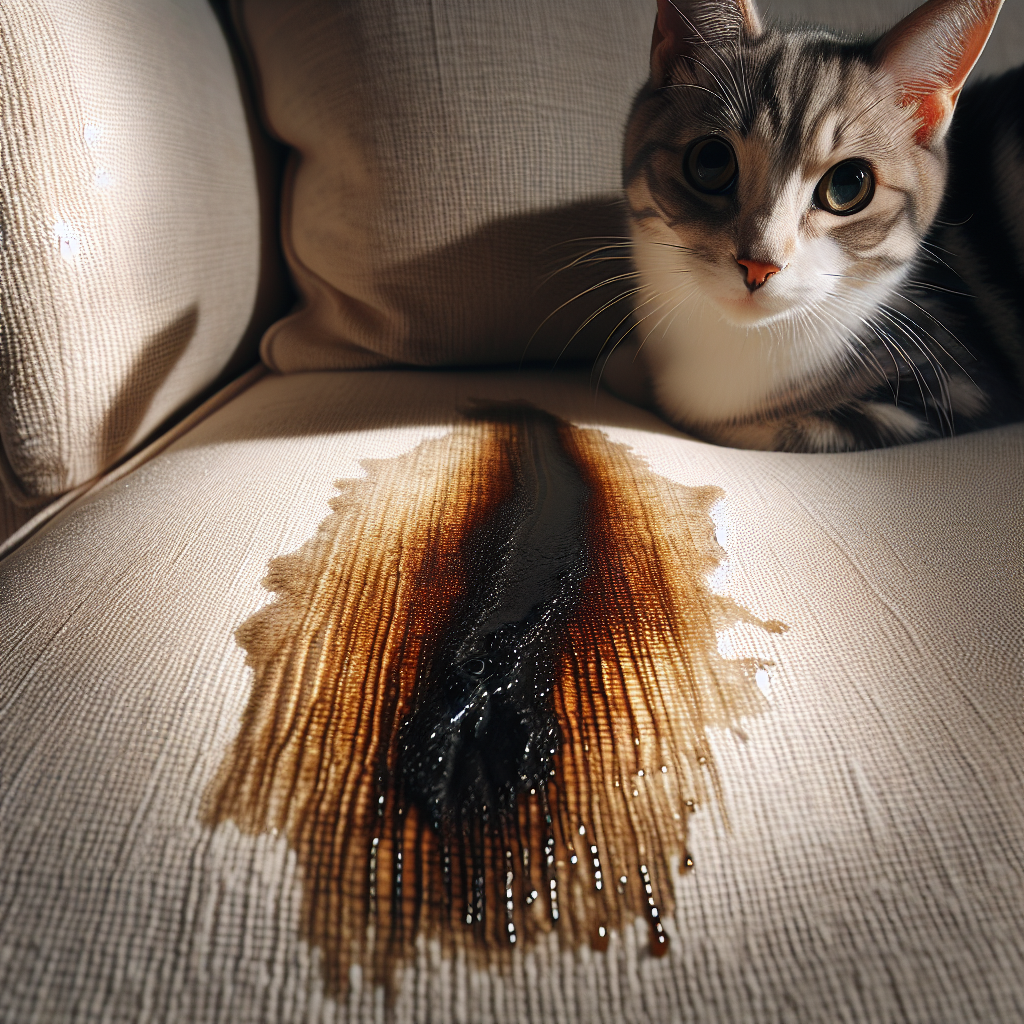 A close-up shot of a dark, wet urine stain spreading on a light beige fabric couch. A domestic cat, a tabby, is sitting nearby with a slightly guilty or curious expression, looking towards the stain. The lighting is natural, highlighting the texture of the fabric and the wetness of the stain. Realistic photo, blog article style.