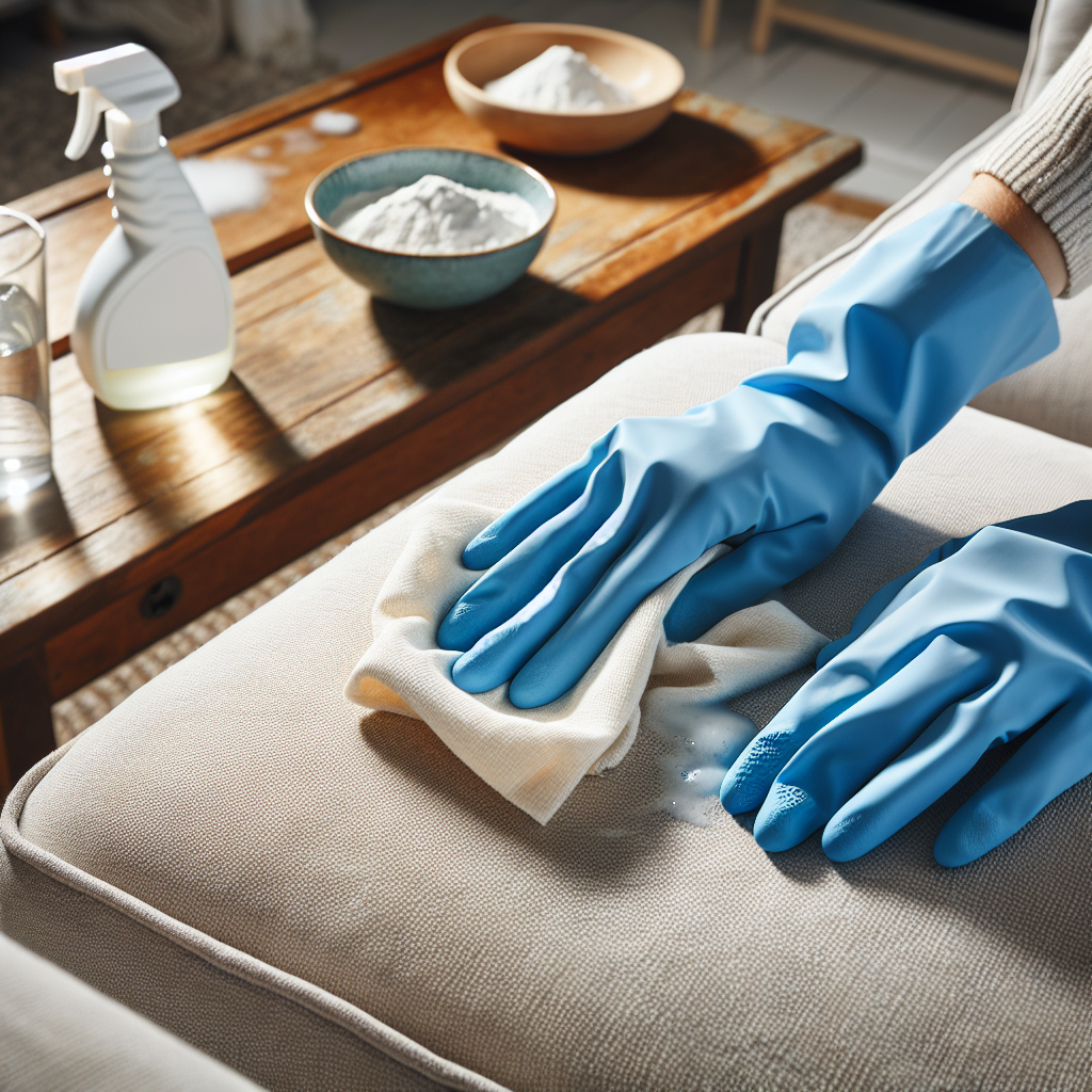 Hands wearing blue protective gloves are gently dabbing a white cloth, wet with a cleaning solution (implying vinegar water), onto a subtle stain on a light grey fabric couch. In the background, slightly out of focus, a small bowl of white powder (baking soda) and a spray bottle are visible on a wooden coffee table. The scene is bright and clean, conveying a helpful, step-by-step cleaning process. Realistic photo.
