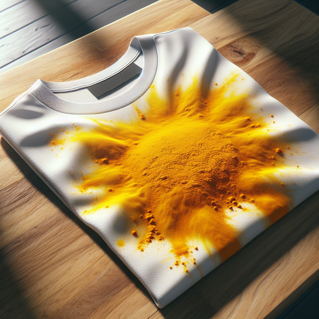 A close-up shot of a vivid yellow turmeric stain prominently splattered on a pristine white cotton t-shirt, lying on a wooden kitchen countertop. The lighting is bright and natural, emphasizing the stark contrast and the challenging nature of the stain. Realistic photo, high detail.