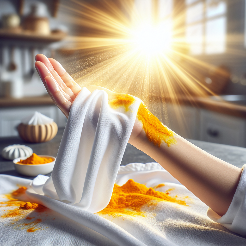 A bright, clean image showcasing spotless results after stain removal. A section of a white fabric is perfectly clean and illuminated by a strong ray of sunlight, symbolizing UV light's bleaching effect. In the soft-focus background, a clean kitchen surface and a hand are visible, all completely free of any yellow turmeric traces. The scene evokes freshness and success. Realistic photo, bright and airy feel.