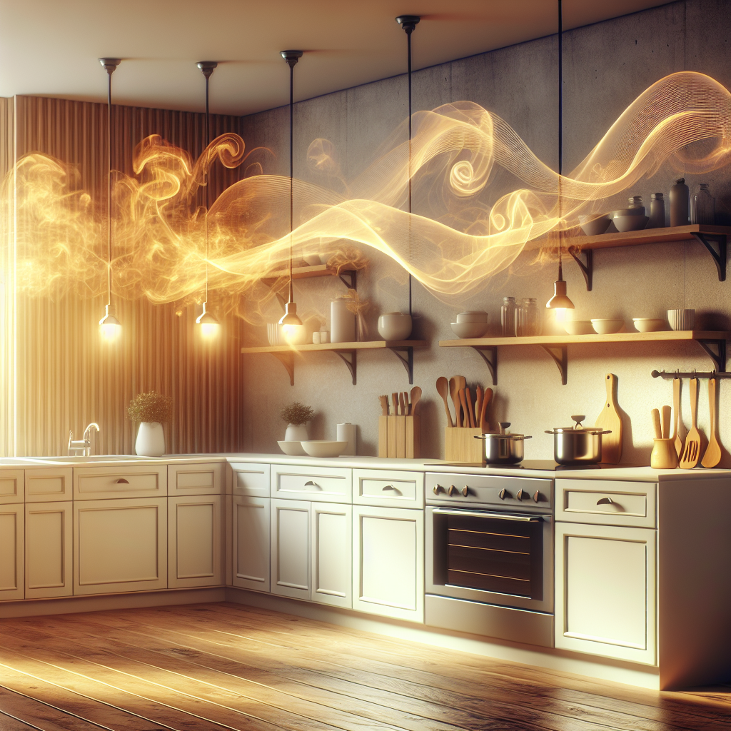 A realistic image of a modern kitchen interior, subtly filled with a lingering, strong curry aroma. Visualize the smell as a delicate, warm, yellowish-orange haze or gentle wavy lines in the air. The kitchen should appear slightly stale despite being clean, with muted lighting to emphasize the persistent scent. No people.