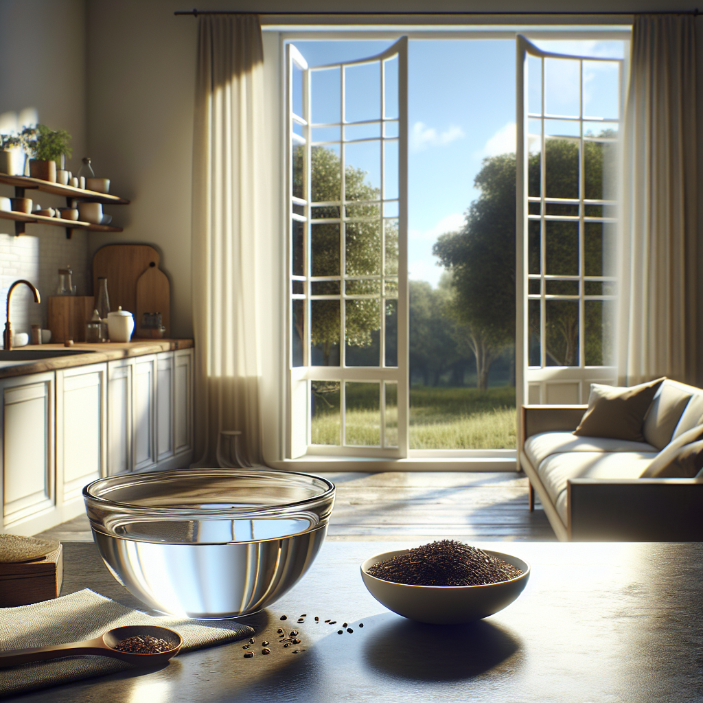 A realistic and bright image of a sparkling clean kitchen or living room, with a large window wide open, letting in abundant sunlight and a gentle, fresh breeze. On a clean countertop, there's a simple bowl of water with a clear liquid (implying vinegar) and/or a small dish of fresh coffee grounds. The overall atmosphere should convey freshness, cleanliness, and an inviting, odor-free environment. No people.