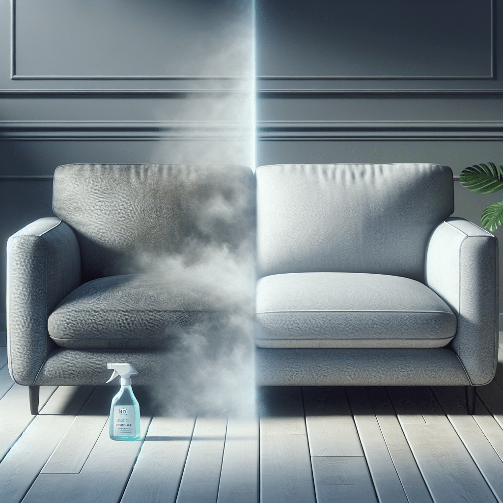 A modern, comfortable sofa in a bright living room, visually split. One side appears slightly dull and has a very subtle, almost translucent greyish cloud indicating a lingering odor. The other side is visibly fresh, clean, and vibrant, with a gentle sparkle or soft glow, representing restored cleanliness. A sleek spray bottle prominently labeled 'DM Geruchsentferner Polster' is positioned near the center division, suggesting the product's transformative effect. Soft, natural lighting.