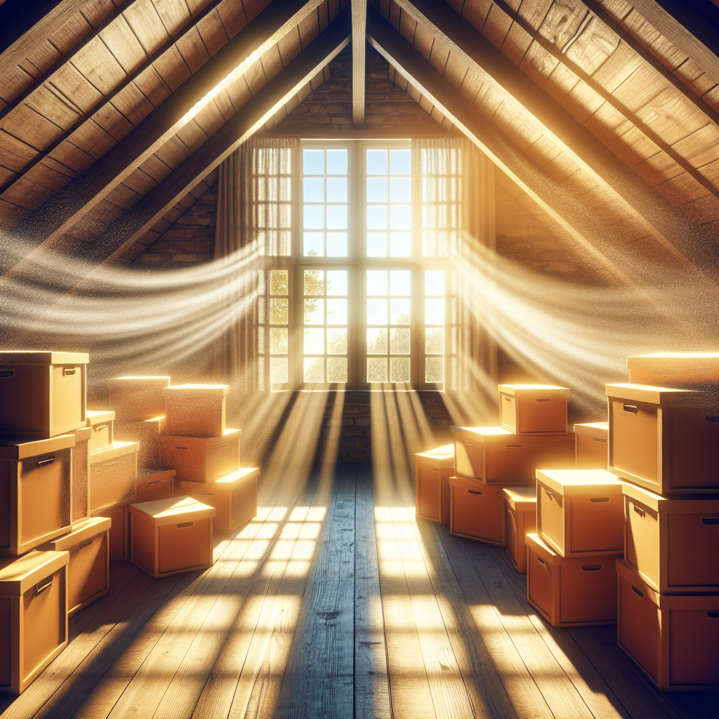 A luminous, pristine attic bathed in warm sunlight, with a wide-open window letting in a gentle breeze. The space feels incredibly fresh, clean, and inviting, with organized, dust-free storage boxes and a subtle visual representation of fresh, circulating air. High-resolution, optimistic, and airy photography.