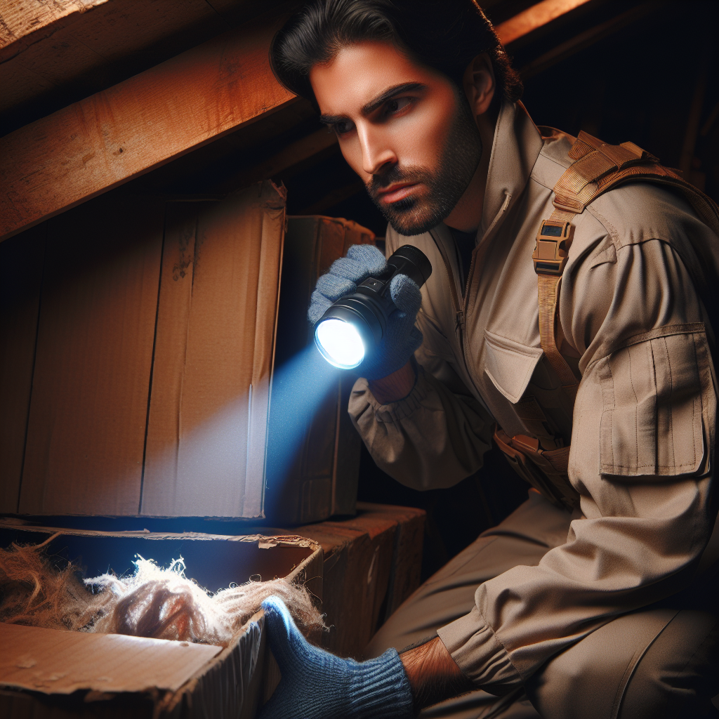 A person wearing practical work clothes, holding a bright flashlight, meticulously inspects a shadowy, slightly cluttered attic corner. Their gaze is fixed on a specific spot, possibly a damp patch on a wooden beam or an old, dusty carton. The atmosphere is one of careful investigation, slightly mysterious but determined, highlighting the search for the source of an unpleasant smell. Realistic, atmospheric lighting, detailed.