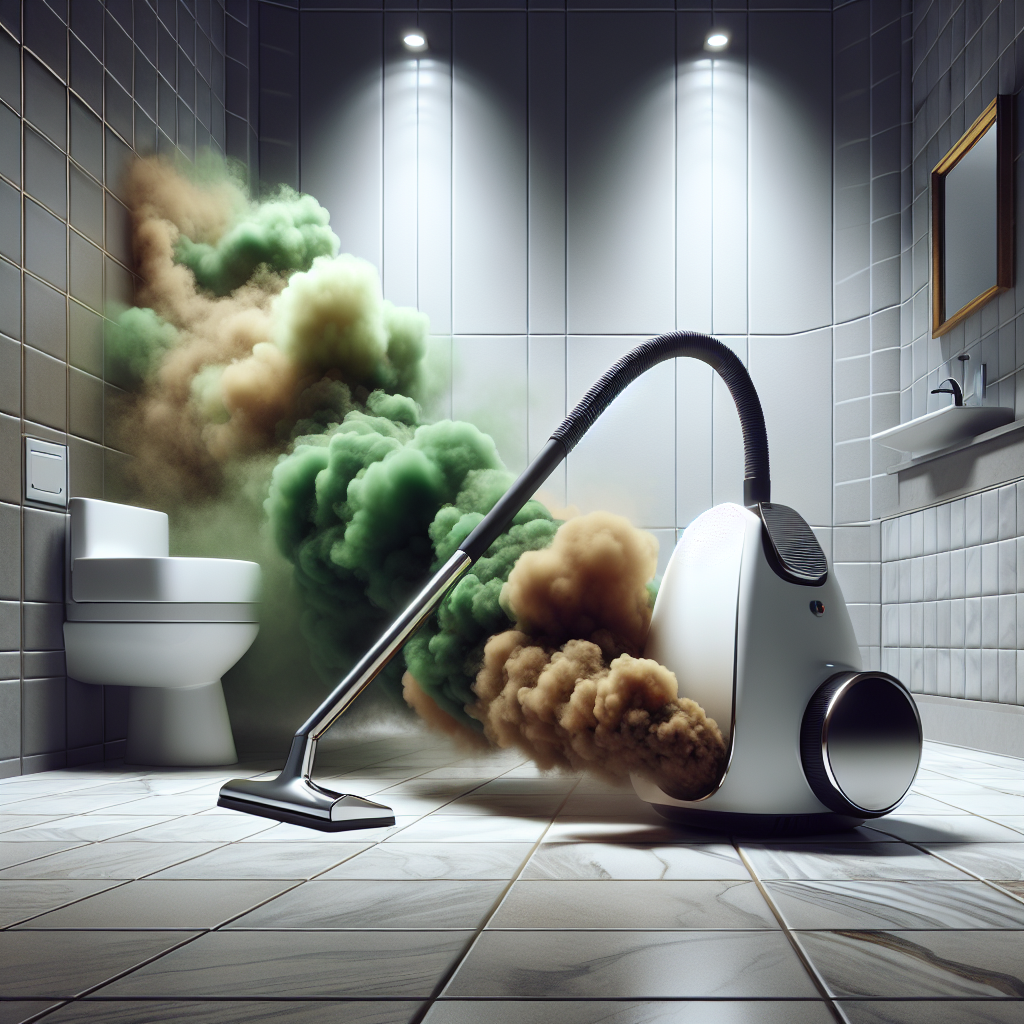 A modern steam cleaner emitting visible, unpleasant, murky green and brown vapor, visually representing a bad odor. The setting is a clean, contemporary bathroom floor, highlighting the contrast with the unwelcome smell. Realistic photography style, sharp focus on the steam cleaner and vapor.