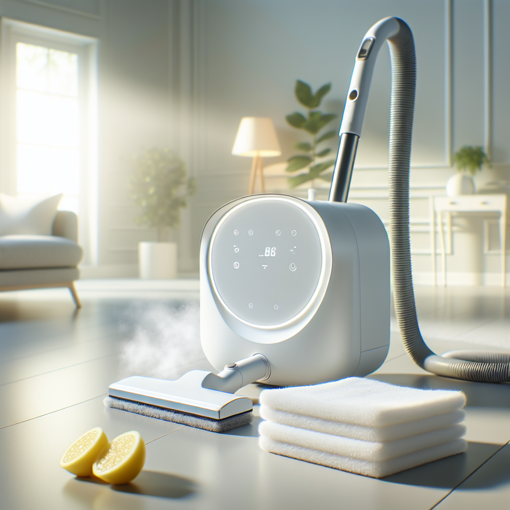 A sparkling clean, modern steam cleaner standing upright, with fresh, neatly folded white microfiber pads beside it. The background is bright and airy, with soft lighting and a subtle hint of freshness like a lemon slice or a sprig of mint nearby, symbolizing a pleasant, clean scent. Realistic, inviting photography style.