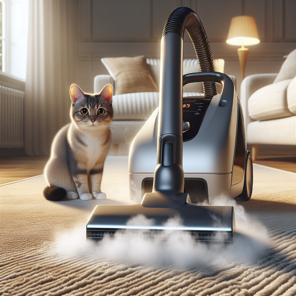 A modern, powerful steam cleaner with visible hot steam cleaning a specific spot on a beige living room carpet. A domestic short-haired cat, looking a bit mischievous or curious, watches from a comfortable distance. The setting is a bright, clean home, emphasizing effective and hygienic pet mess removal. Realistic photography, slightly warm lighting.