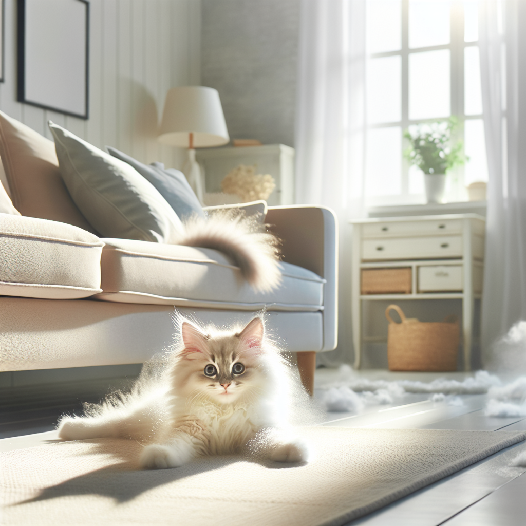 A cozy, immaculately clean living room interior, filled with soft natural light. A contented, fluffy cat is playfully stretching on a pristine sofa, conveying a sense of freshness and a home free from odors. There's a subtle hint of a pleasant, clean aroma in the air. Bright, inviting, realistic photography.
