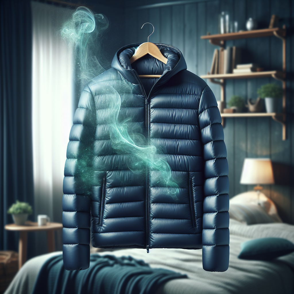 A stylish, dark blue down jacket hanging on a wooden hanger against a blurred background of a cozy indoor setting (e.g., a bedroom or closet). Subtle, ethereal, transparent greenish smoke-like wisps are subtly depicted emanating from the jacket, symbolizing an unpleasant odor. The lighting is soft but realistic, creating a slightly subdued atmosphere. Realistic photograph.