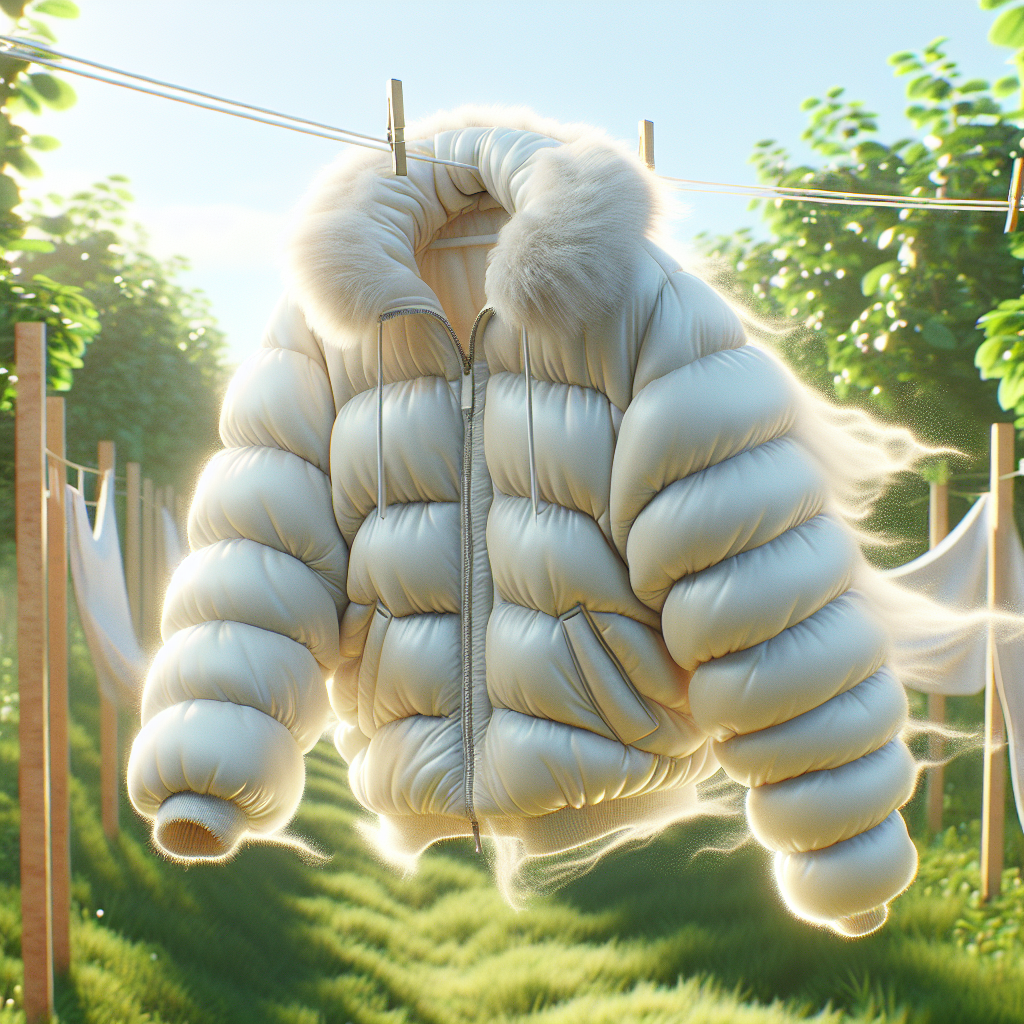 A fluffy, clean, light-colored (e.g., cream or very light grey) down jacket gently swaying while hanging on a clothesline outdoors. The background features a bright, sunny day with blurred green trees and a clear blue sky, conveying freshness and a natural breeze. The jacket looks vibrant, airy, and inviting. Realistic photograph, bright and crisp aesthetic.