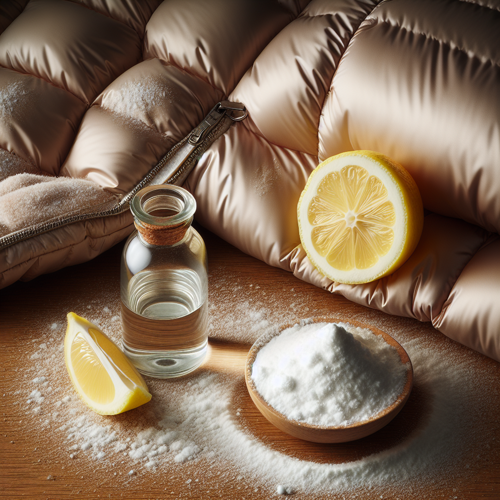 A close-up, artistic still life shot demonstrating natural odor removal from a down jacket. A section of a soft, light-colored down jacket fabric is visible, with a light dusting of white powder (representing baking soda) on it. Nearby, a fresh lemon half with a few visible drops of juice and a small, elegant glass bottle of vinegar are artfully arranged on a clean wooden surface. The lighting is soft and natural, emphasizing the gentle, effective nature of home remedies. Clean aesthetic, focus on texture.