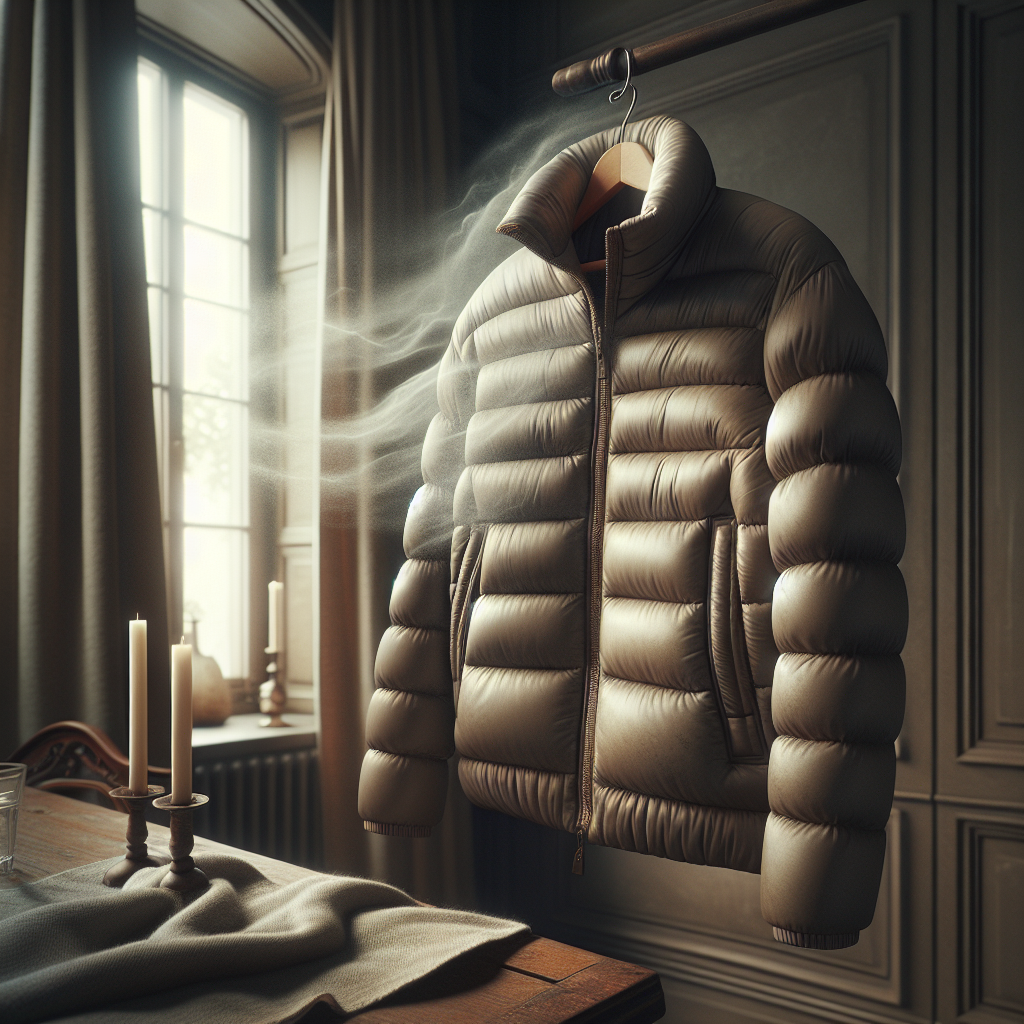 A cozy, slightly rumpled puffer jacket (Daunenjacke) in a muted color hanging on a wooden hanger in a home setting. Subtle visual cues of a faint, unpleasant odor are depicted as wispy, almost translucent lines rising from the jacket. The scene conveys a sense of needing freshness without being overtly dirty. Soft, diffused indoor lighting, detailed fabric texture.