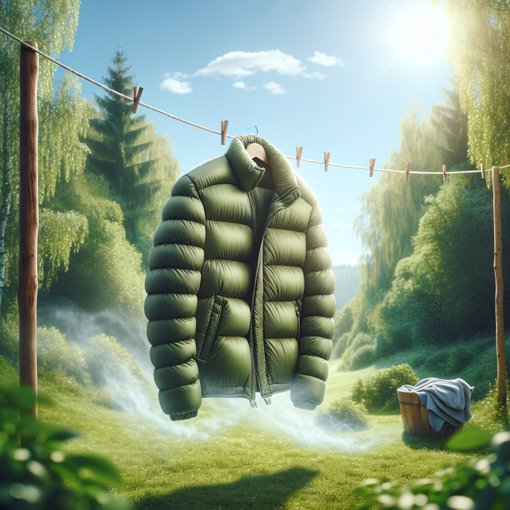 A vibrant, clean puffer jacket (Daunenjacke) in a modern color (e.g., olive green) hanging gently on a clothesline outdoors. A soft, refreshing breeze is subtly indicated by a slight movement in the jacket. In the background, there's a natural, green setting under a clear, bright sky. The jacket looks fluffy and renewed, symbolizing natural airing and odor removal. Bright, natural light.