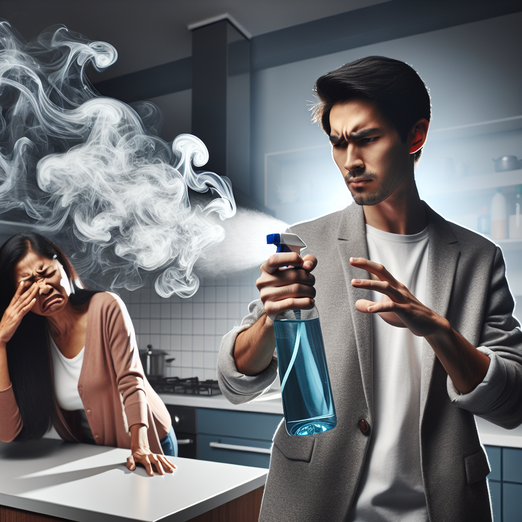 A hand holding a spray bottle of disinfectant, with visible, pungent, swirling chemical fumes emanating from it, making a person in the background subtly grimace or recoil their head slightly in a modern, clean kitchen. The scene visually emphasizes the strong, unpleasant, sterile odor. Realistic, high-contrast lighting.