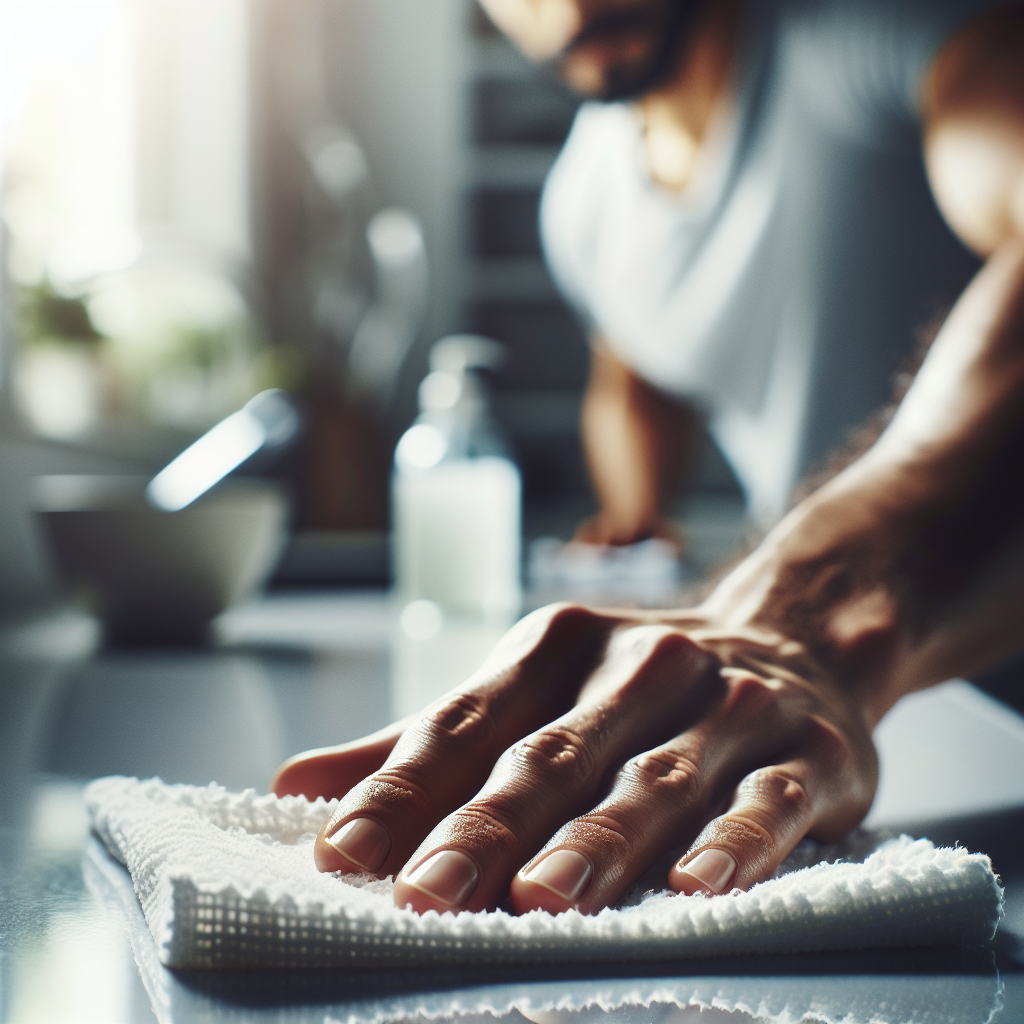Close-up of a hand wiping a pristine kitchen counter with a damp cloth, leaving a fresh, clean sheen. In the soft-focus background, a small bowl or bottle of white vinegar is visible, symbolizing odor neutralization. The overall atmosphere is light, airy, and suggests cleanliness and freshness, with no lingering unpleasant smells. Soft, natural lighting.