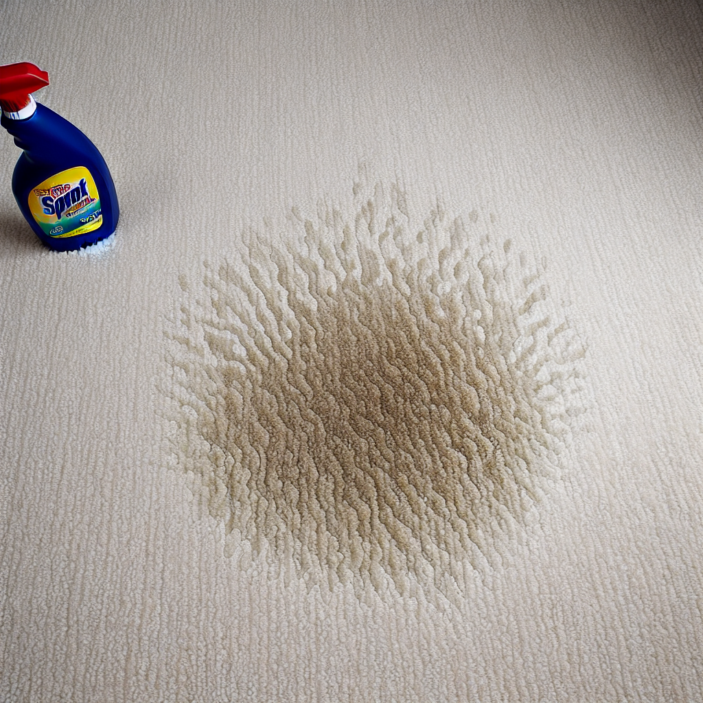 A close-up of a noticeable, slightly dried cat urine stain on a light-colored carpet, with subtle visual cues of an unpleasant odor (e.g., slight distortion or wavy lines above the stain). A generic cleaning spray bottle is visible nearby, out of focus. Realistic, slightly desaturated photo, indoor setting.