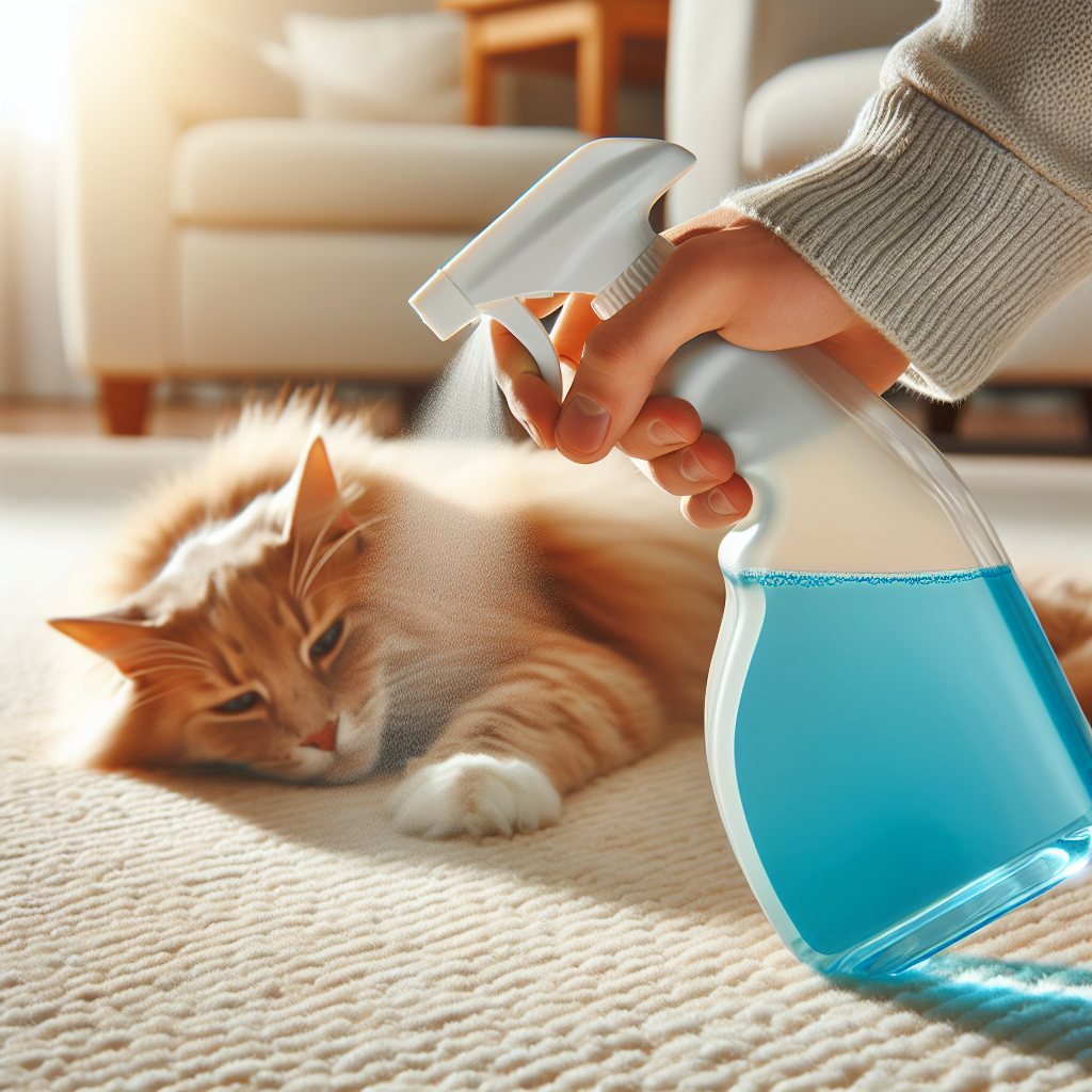 A hand holding a spray bottle, actively misting an enzymatic cleaner onto a perfectly clean and fresh-looking spot on a light-colored carpet. The area is bright and spotless, suggesting successful cleaning. A happy, relaxed cat is lying comfortably nearby in a clean environment. Bright, inviting, realistic photo.