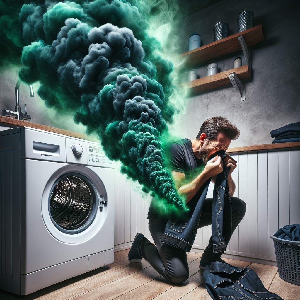 A person, looking frustrated and holding their nose, struggles with a dark, oily work jacket from which a swirling cloud of unpleasant green fumes, symbolizing a strong diesel smell, visibly emanates. In the background, a laundry room with a washing machine. Realistic photo, dramatic lighting, emphasizing the challenging odor.