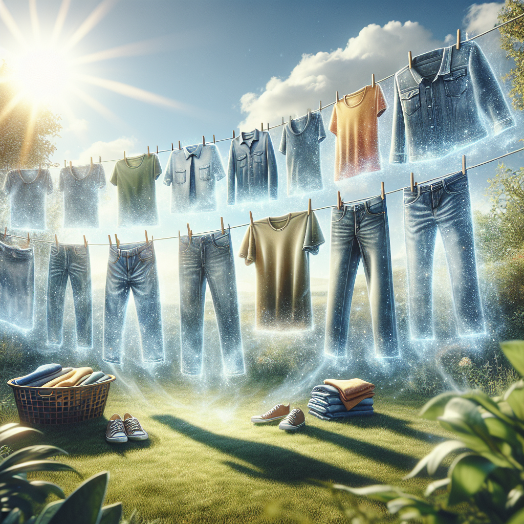 Crisp, freshly laundered clothes (e.g., a t-shirt, jeans, a work shirt) hanging on an outdoor clothesline on a sunny day, gently swaying in a light breeze. A subtle, shimmering aura around the clothes suggests a clean, fresh scent. In the background, a hint of natural elements like green foliage or a clear blue sky. Bright, optimistic, realistic photo.