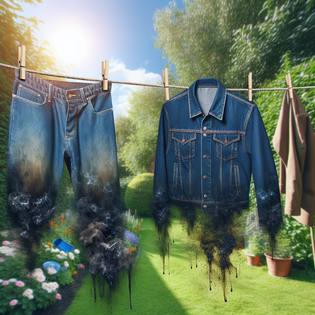 A close-up shot of a pair of sturdy work pants or a denim jacket hanging on an outdoor clothesline on a bright, sunny day. From the fabric, a subtle, dark, and oily-looking vapor or a smoky distortion in the air emanates, visually representing an unpleasant diesel smell. The background shows a fresh, green garden, emphasizing the stark contrast between the unpleasant odor and the natural environment. Realistic photography style.