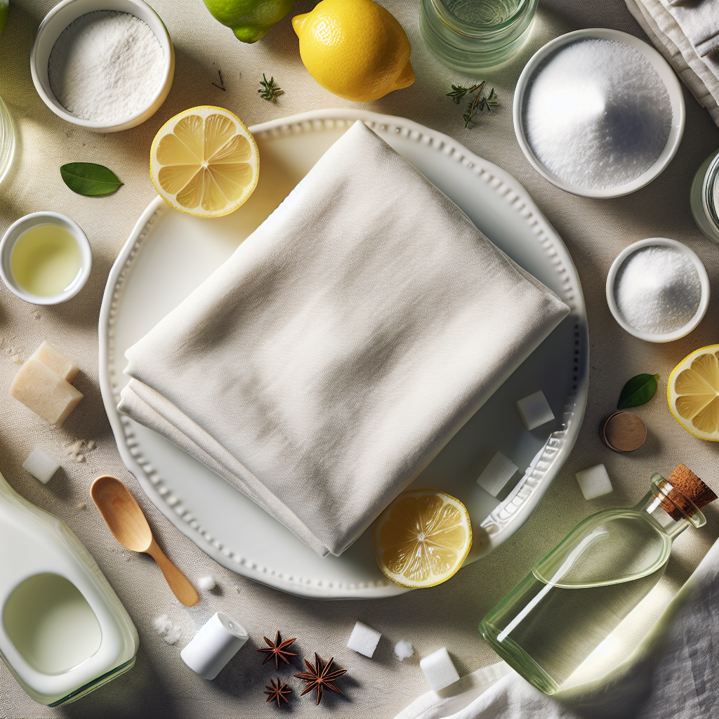 A clean, bright flat lay composition showing natural odor-removing household items arranged around a folded piece of fresh, clean fabric. Include a small bowl of baking soda, a bottle of white vinegar, and a few slices of fresh lemon. The fabric should look soft and immaculately clean, conveying a sense of freshness and purity after treatment. Soft, diffuse lighting. High-angle shot.
