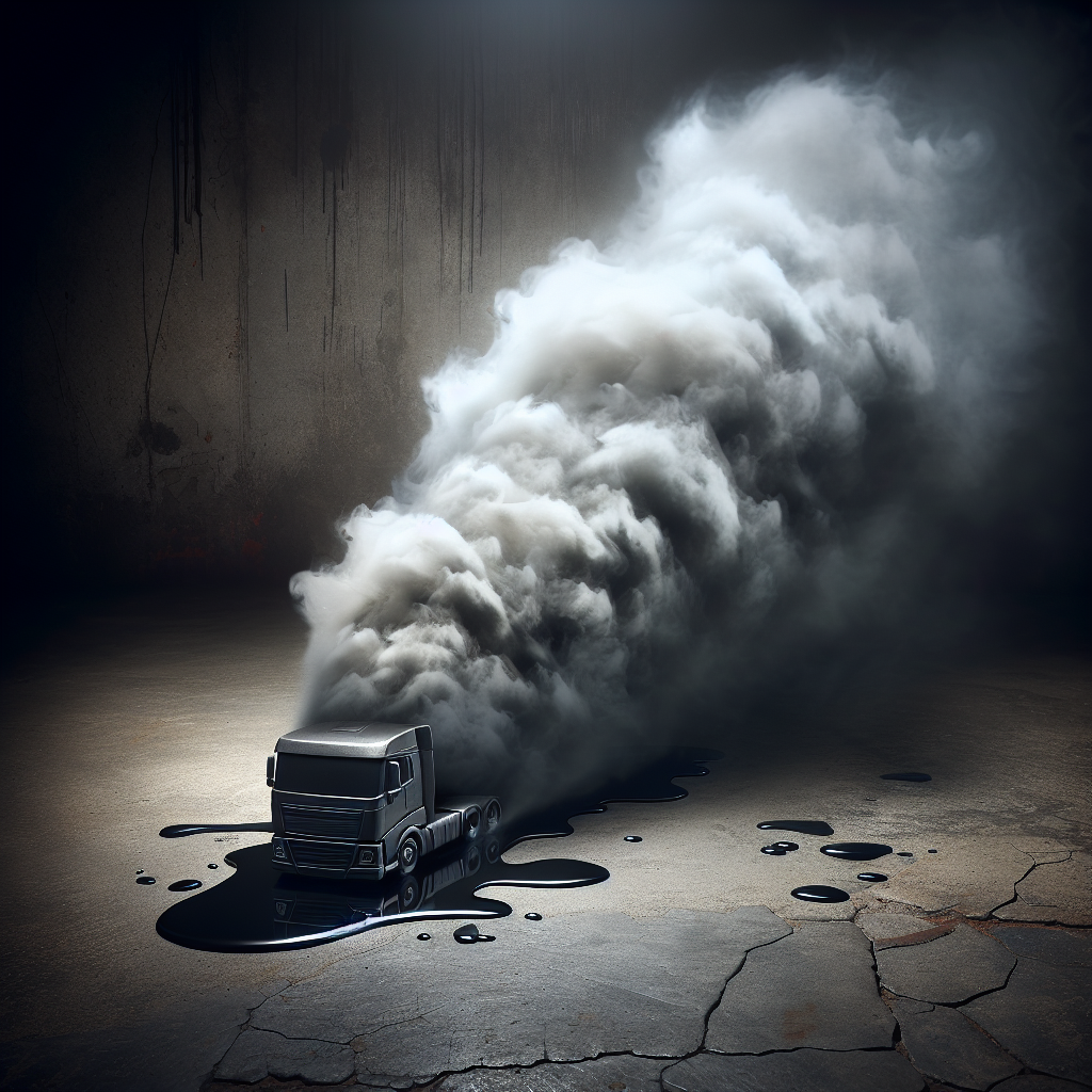 A strong, visible, dark and persistent diesel smell, depicted as a smoky, unpleasant aura, rising from a small, dark spill on a distressed concrete garage floor. The image should convey the stubbornness and difficulty of the odor. Realistic, high-detail photograph.