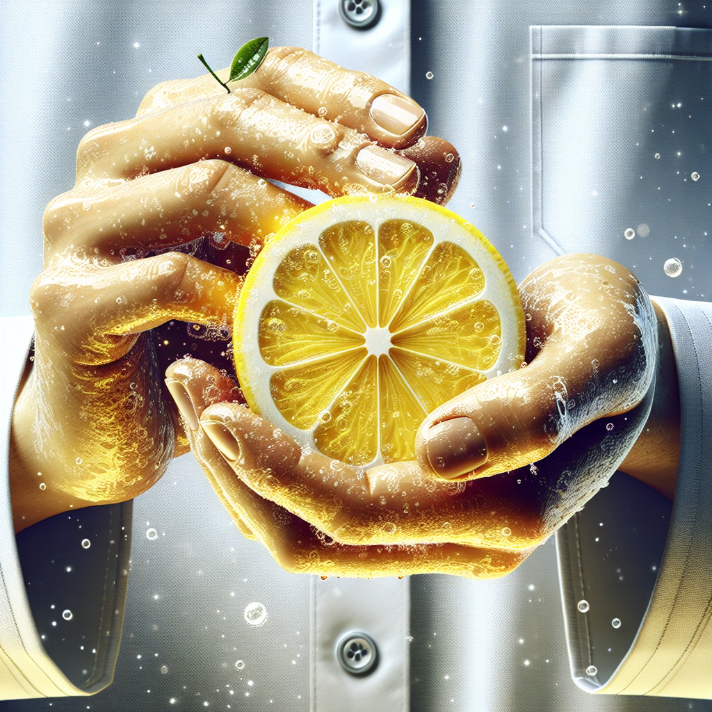 Close-up of hands being vigorously cleaned with a fresh, halved lemon, symbolizing the effective removal of a stubborn diesel smell. The scene should be bright, clean, and convey a sense of freshness and relief. Realistic photograph with good lighting.