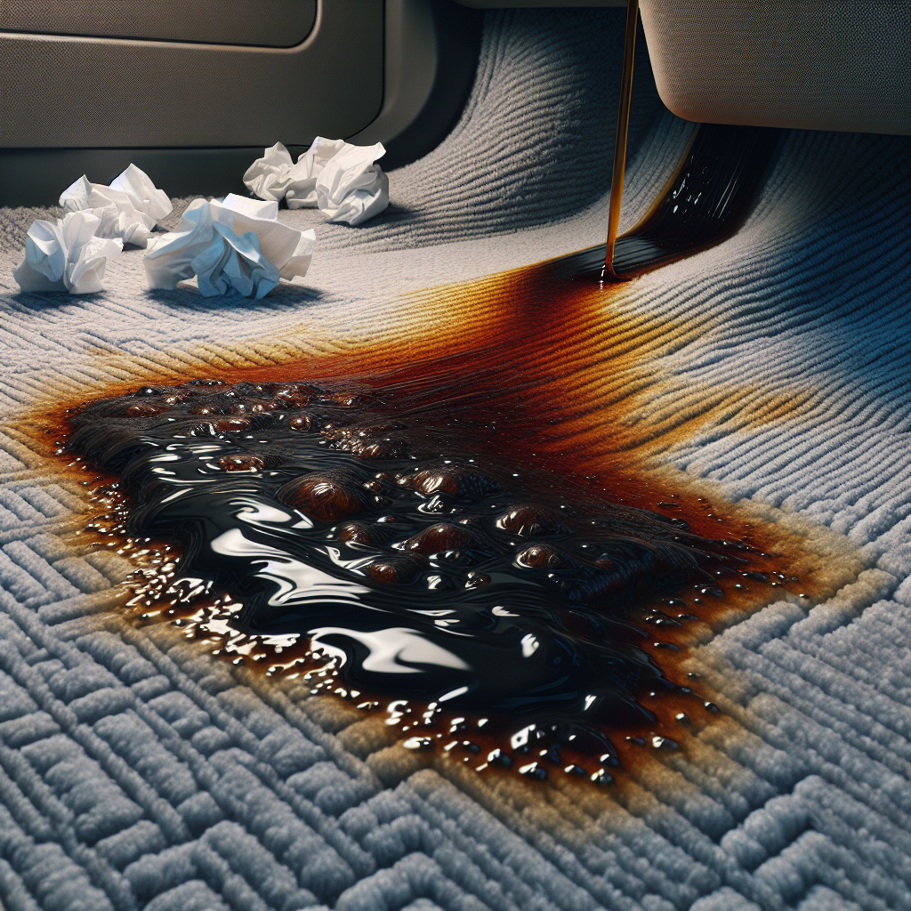 Realistische Nahaufnahme eines dunklen, öligen Dieselflecks auf dem hellen Teppich eines Auto-Fußraums. Zerknüllte Papiertücher liegen verstreut neben dem Fleck und deuten auf einen dringenden, aber möglicherweise unzureichenden Reinigungsversuch hin. Die Szene vermittelt den Eindruck eines starken, unangenehmen Geruchs, mit einer subtilen visuellen Textur, die die ölige und klebrige Beschaffenheit des Diesels andeutet.