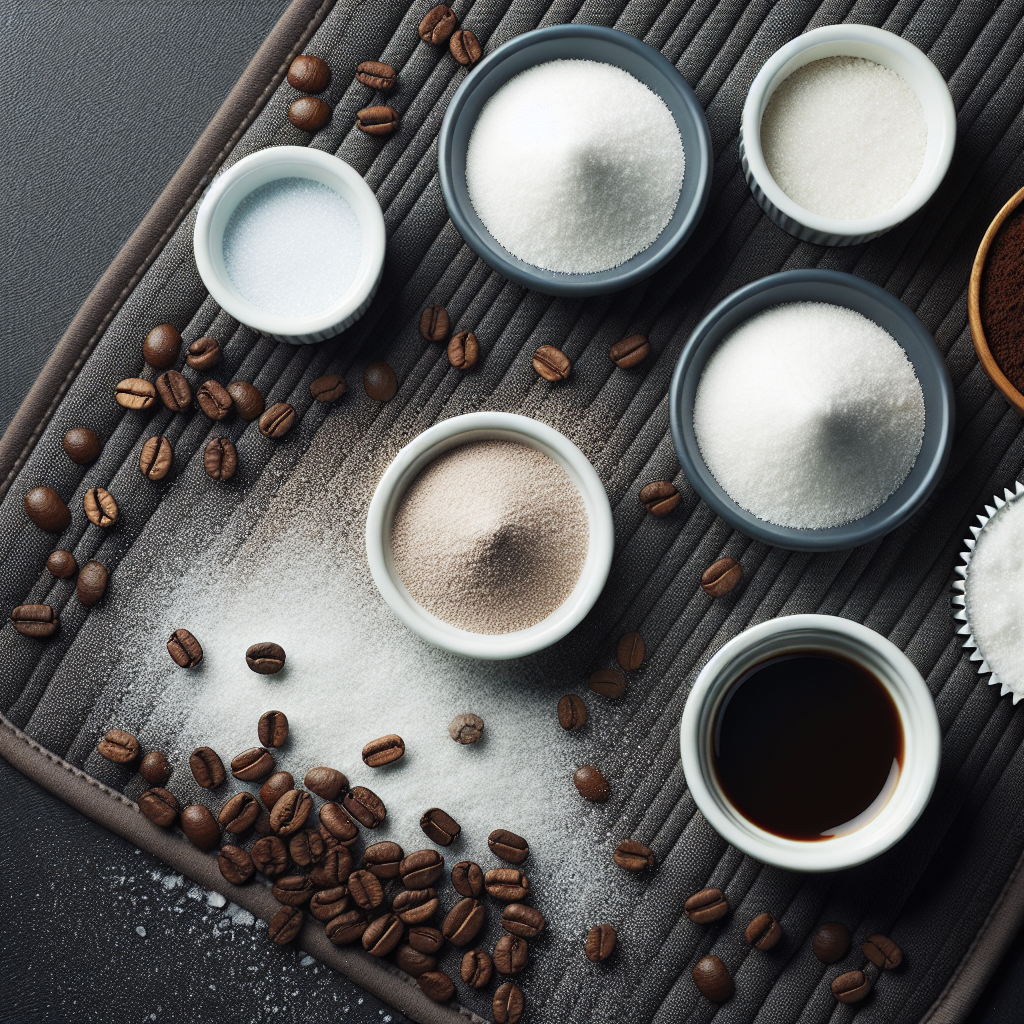 Helles und sauberes Flat-Lay-Foto von Natronpulver und gemahlenen Kaffeebohnen, großzügig über eine dunkle Stoff-Autommatte gestreut. Kleine, ordentliche Schüsseln mit zusätzlichem Natron und Kaffee sind daneben platziert. Das Bild strahlt ein Gefühl von natürlicher Frische, Sauberkeit und dem Versprechen effektiver Geruchsbeseitigung aus.