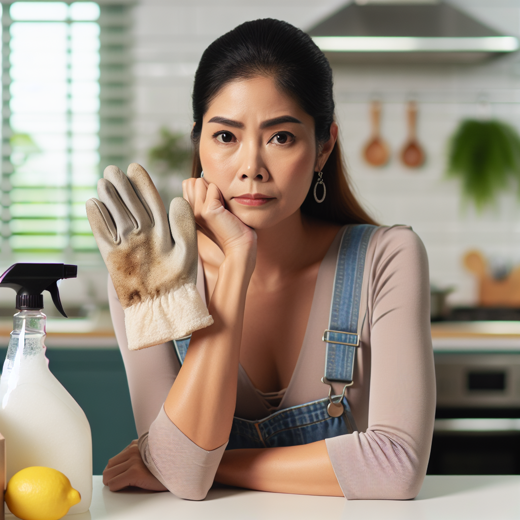 A person, looking slightly frustrated, holds a piece of fabric (like a work glove or a car mat) that suggests a strong diesel odor. In the background, on a clean kitchen counter, are common household items such as an open box of baking soda, a bottle of white vinegar, and fresh lemons, hinting at solutions. Realistic photo, clean, bright lighting, focus on emotion and context.