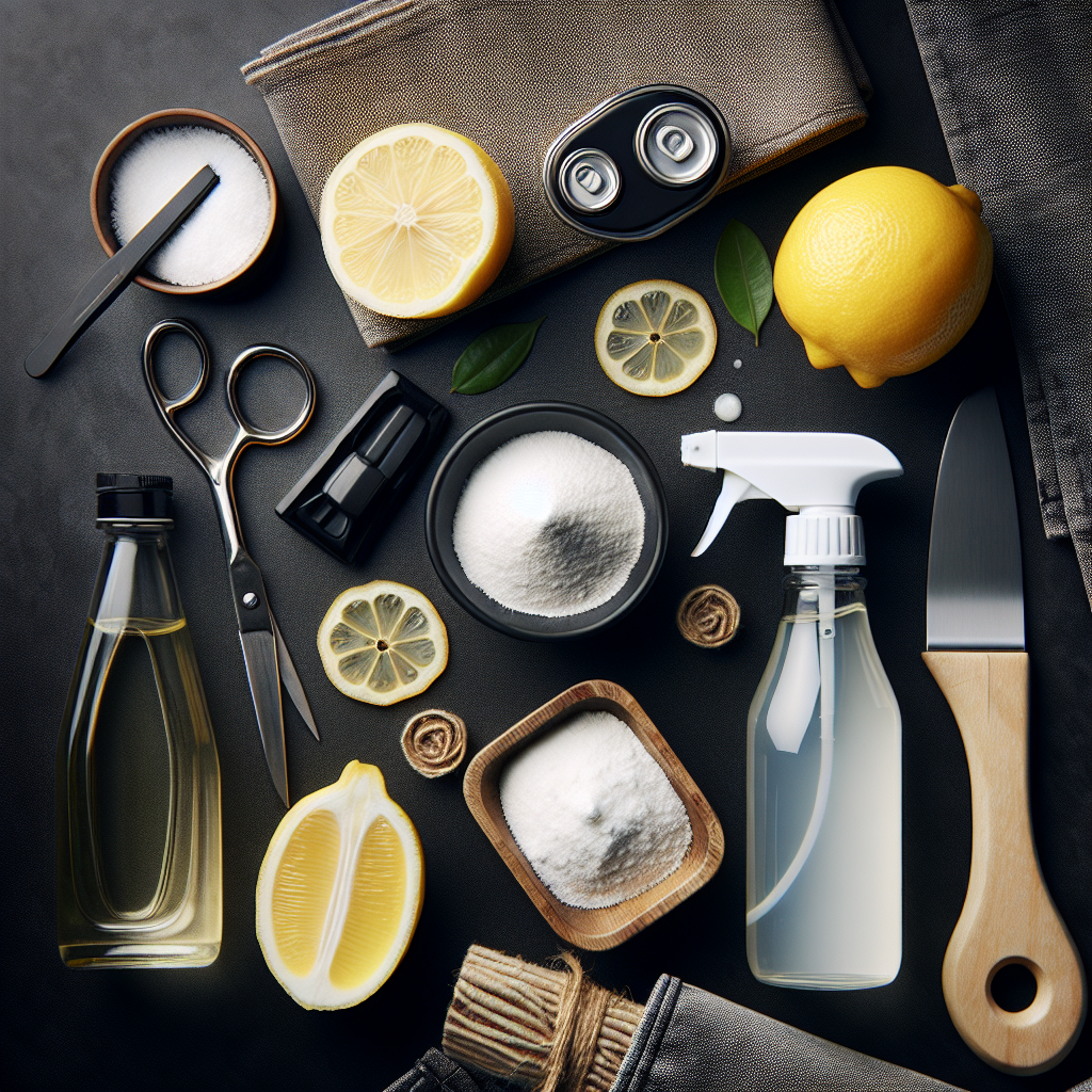 An aesthetic top-down flat lay composition showcasing various home remedies for neutralizing diesel smell. Prominently featured are a small pile of baking soda, a bottle of white vinegar, sliced lemons, and a spray bottle. These items are artfully arranged around a dark, generic fabric patch or a subtle car interior element, implying the target of cleaning. The lighting is bright and inviting, emphasizing cleanliness and natural effectiveness.