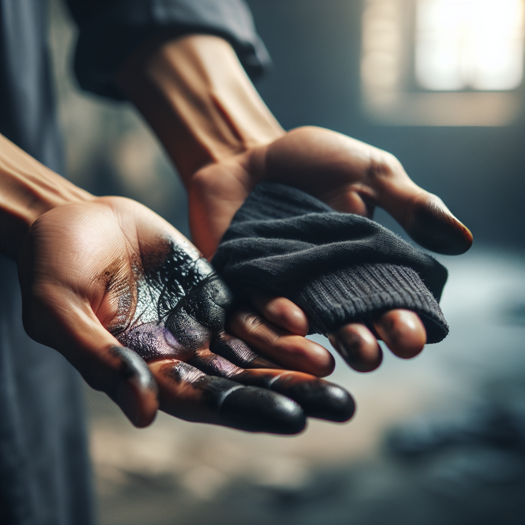 Realistic close-up of a person's hands, one hand subtly stained with a dark, oily smudge, the other hand holding a small piece of dark fabric with a slight, similar stain. The background is a blurred, industrial-style laundry room or garage. The lighting is practical and clear, emphasizing the immediate problem of diesel odor on hands and clothing.