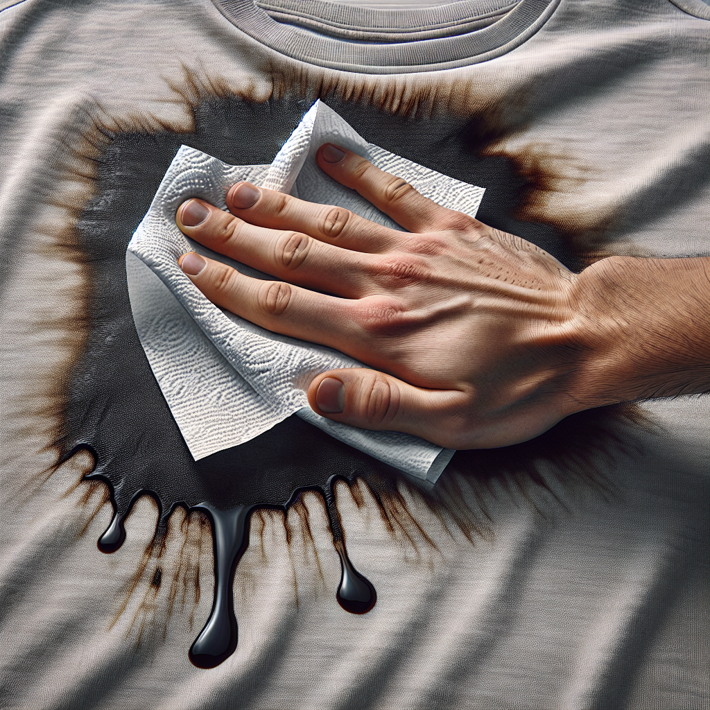 A close-up shot of a hand carefully blotting a prominent, dark diesel stain on a light-colored t-shirt with a paper towel. The fabric fibers are visible, showing the absorption of the oil. The setting is bright and clean, emphasizing the contrast with the stubborn stain. Realistic, clean photography style.