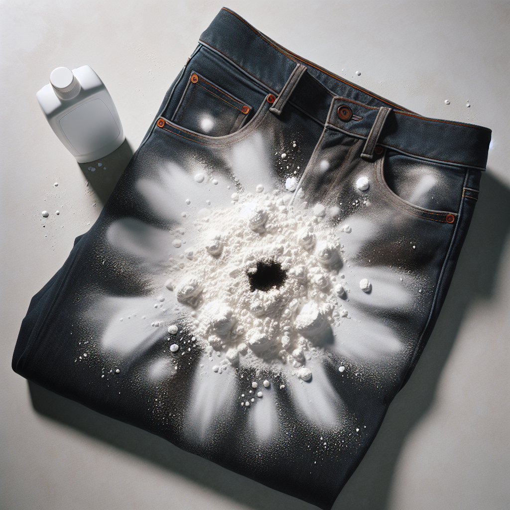 An overhead shot of a light-colored piece of clothing, like a pair of jeans or a work shirt, laid flat on a clean surface. A generous amount of white baking soda (Natron) is clearly visible sprinkled over a dark, oily stain on the fabric. The scene is bright and practical, suggesting a DIY cleaning process. Realistic, detailed.
