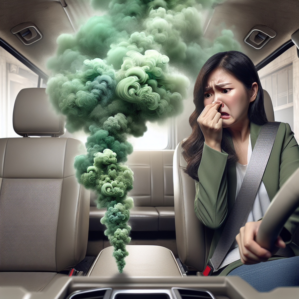 A person looking frustrated, holding their nose, with a visible, swirling cloud of unpleasant, green-grey fumes emanating from a car interior or their hands, symbolizing persistent diesel smell. Emphasize the strong, unwelcome odor. Realistic, detailed, slightly dramatic lighting.
