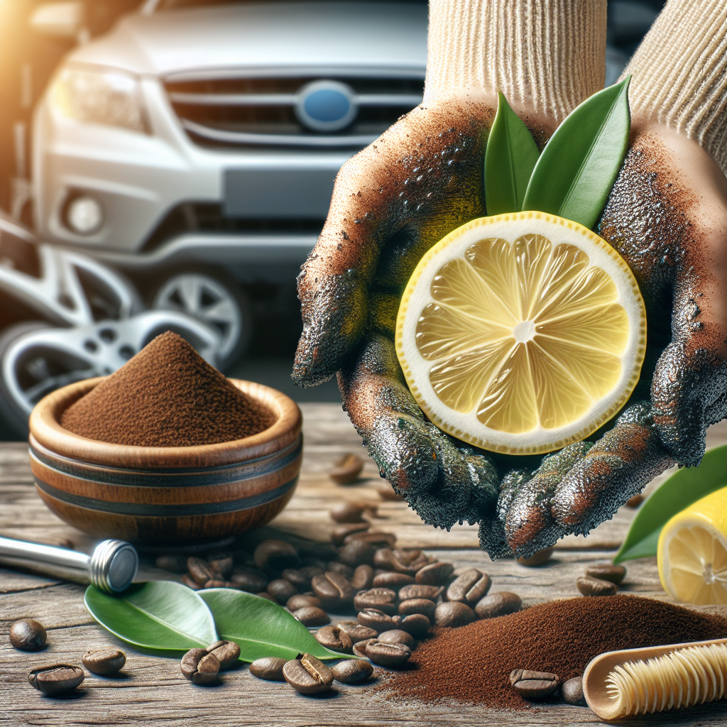 A close-up shot of hands holding fresh lemon slices and a small bowl of coffee grounds, with a sparkling clean car interior or garage subtly blurred in the background, symbolizing effective odor removal and freshness. Bright, clean, optimistic mood.