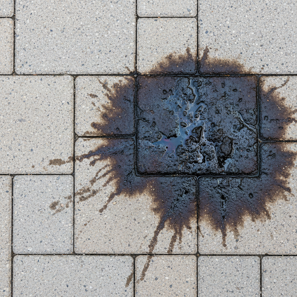 A visually striking scene illustrating the problem of diesel stains on paving. The image features a section of light grey or beige interlocking paving stones, mostly clean and pristine. However, a prominent, dark, and oily diesel stain spreads across a significant portion of the pavement, appearing to seep into the porous surface. The stain should have an irregular, natural spill shape, contrasting sharply with the clean, dry areas. Emphasize the texture of both the clean pavement and the glossy, absorbed nature of the stain. Professional photo style with realistic lighting and texture, highlighting the aesthetic damage.